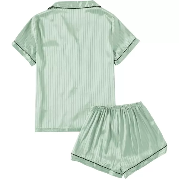 LYANER Women's Striped Silky Satin Pajamas Short Sleeve Top with Shorts Sleepwear PJ Set