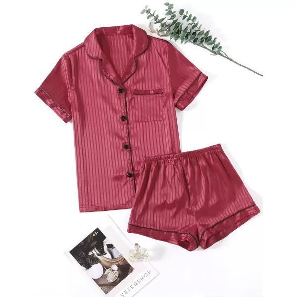 LYANER Women's Striped Silky Satin Pajamas Short Sleeve Top with Shorts Sleepwear PJ Set