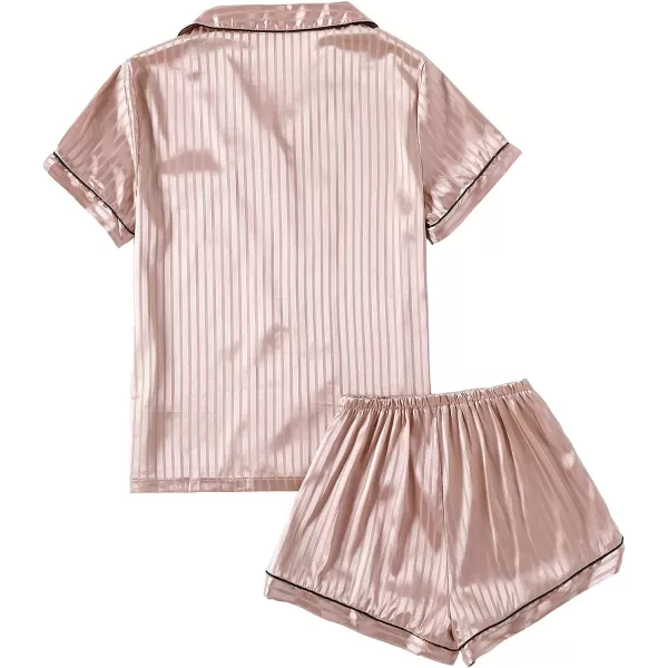 LYANER Women's Striped Silky Satin Pajamas Short Sleeve Top with Shorts Sleepwear PJ Set