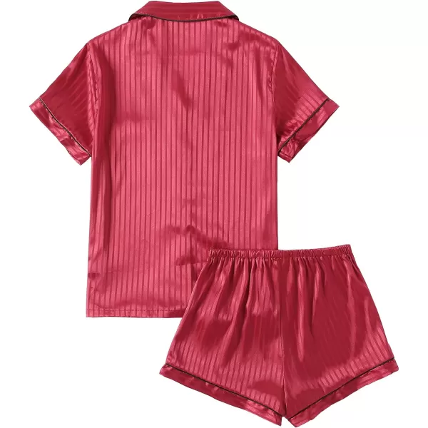 LYANER Women's Striped Silky Satin Pajamas Short Sleeve Top with Shorts Sleepwear PJ Set