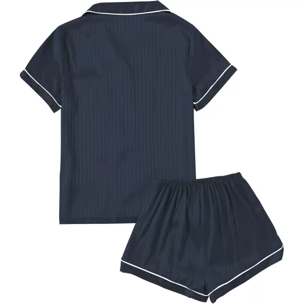LYANER Women's Striped Silky Satin Pajamas Short Sleeve Top with Shorts Sleepwear PJ Set