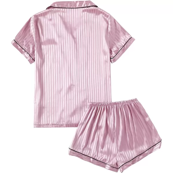 LYANER Women's Striped Silky Satin Pajamas Short Sleeve Top with Shorts Sleepwear PJ Set