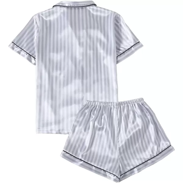 LYANER Women's Striped Silky Satin Pajamas Short Sleeve Top with Shorts Sleepwear PJ Set