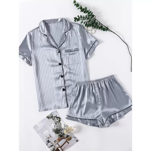 LYANER Women's Striped Silky Satin Pajamas Short Sleeve Top with Shorts Sleepwear PJ Set