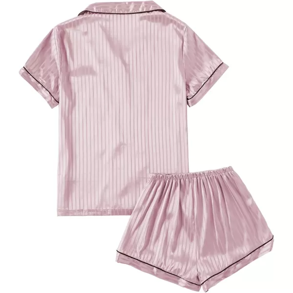 LYANER Women's Striped Silky Satin Pajamas Short Sleeve Top with Shorts Sleepwear PJ Set