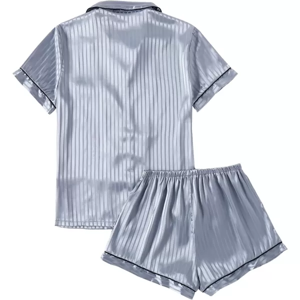 LYANER Women's Striped Silky Satin Pajamas Short Sleeve Top with Shorts Sleepwear PJ Set