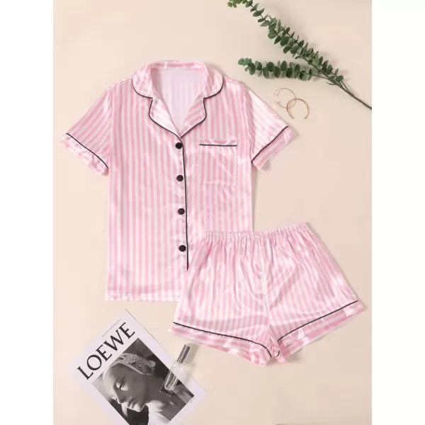 LYANER Women's Striped Silky Satin Pajamas Short Sleeve Top with Shorts Sleepwear PJ Set