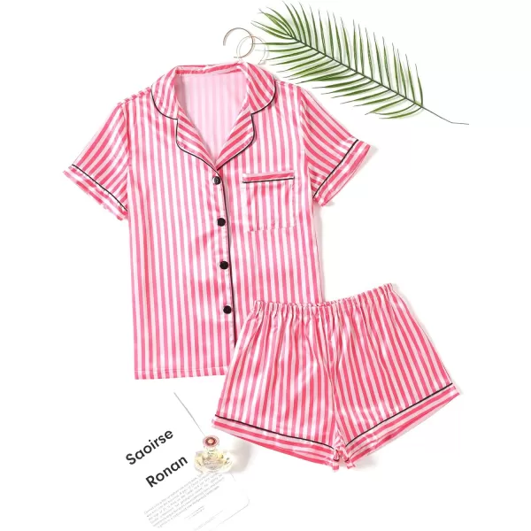 LYANER Women's Striped Silky Satin Pajamas Short Sleeve Top with Shorts Sleepwear PJ Set