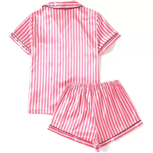 LYANER Women's Striped Silky Satin Pajamas Short Sleeve Top with Shorts Sleepwear PJ Set
