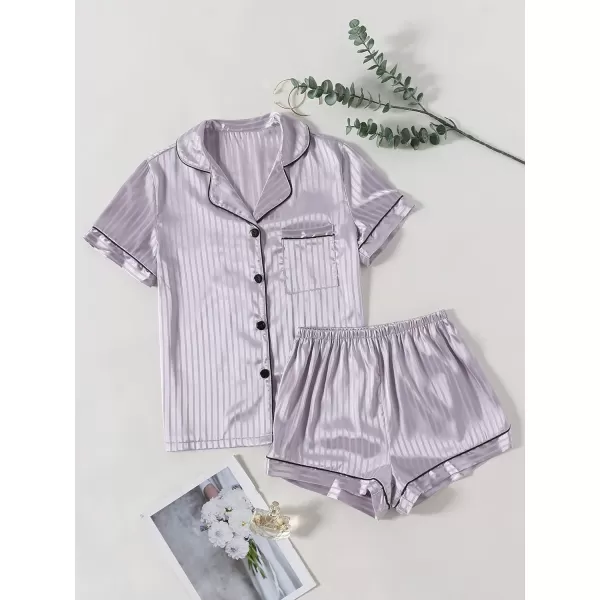 LYANER Women's Striped Silky Satin Pajamas Short Sleeve Top with Shorts Sleepwear PJ Set