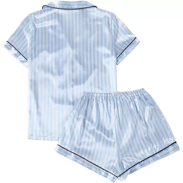 LYANER Women's Striped Silky Satin Pajamas Short Sleeve Top with Shorts Sleepwear PJ Set