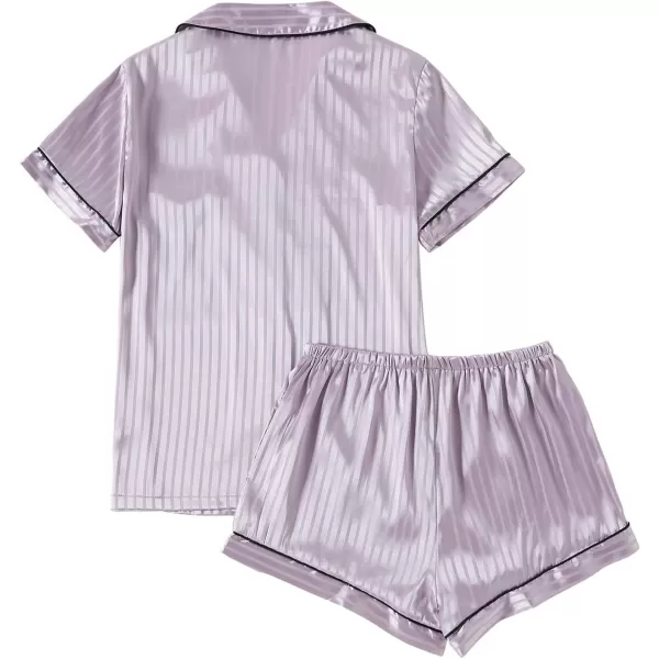 LYANER Women's Striped Silky Satin Pajamas Short Sleeve Top with Shorts Sleepwear PJ Set
