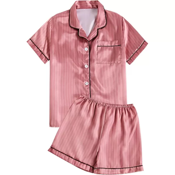 LYANER Women's Striped Silky Satin Short Sleeve Button Down Notch Collar Sleepwear PJ Set