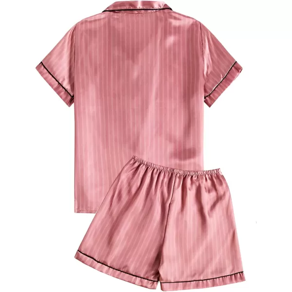 LYANER Women's Striped Silky Satin Short Sleeve Button Down Notch Collar Sleepwear PJ Set