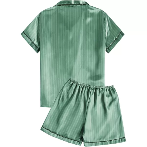 LYANER Women's Striped Silky Satin Short Sleeve Button Down Notch Collar Sleepwear PJ Set