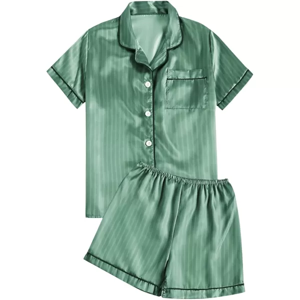LYANER Women's Striped Silky Satin Short Sleeve Button Down Notch Collar Sleepwear PJ Set