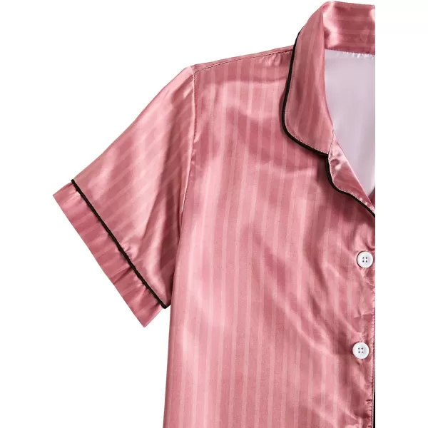 LYANER Women's Striped Silky Satin Short Sleeve Button Down Notch Collar Sleepwear PJ Set