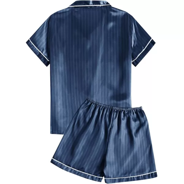 LYANER Women's Striped Silky Satin Short Sleeve Button Down Notch Collar Sleepwear PJ Set