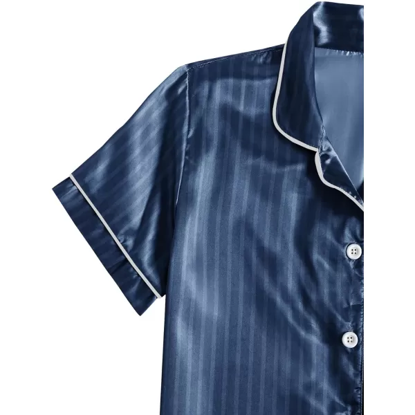 LYANER Women's Striped Silky Satin Short Sleeve Button Down Notch Collar Sleepwear PJ Set