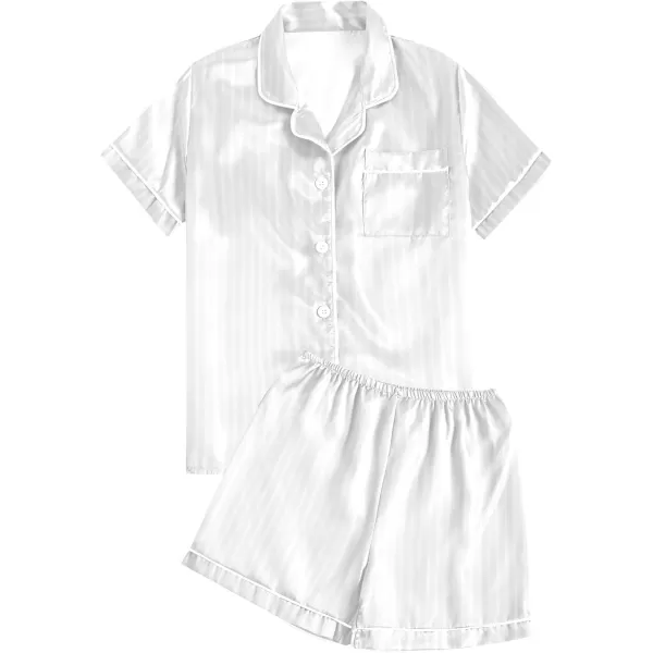 LYANER Women's Striped Silky Satin Short Sleeve Button Down Notch Collar Sleepwear PJ Set