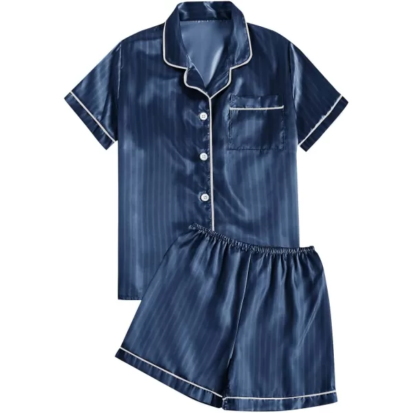 LYANER Women's Striped Silky Satin Short Sleeve Button Down Notch Collar Sleepwear PJ Set