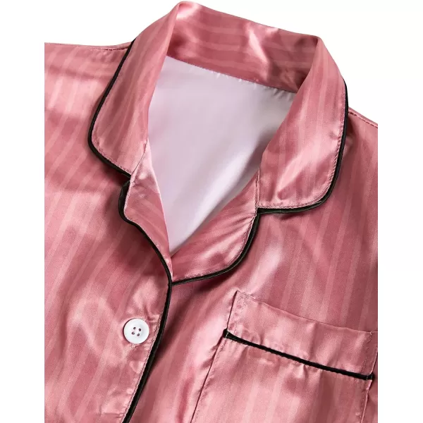 LYANER Women's Striped Silky Satin Short Sleeve Button Down Notch Collar Sleepwear PJ Set