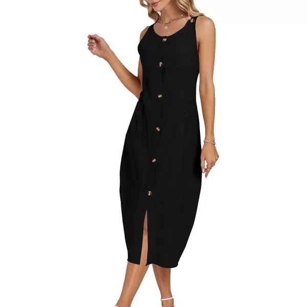 LYANER Women's Summer Casual Sleeveless Strap Buttons Down Midi Dress with Pockets