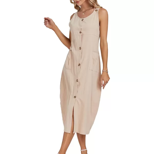 LYANER Women's Summer Casual Sleeveless Strap Buttons Down Midi Dress with Pockets