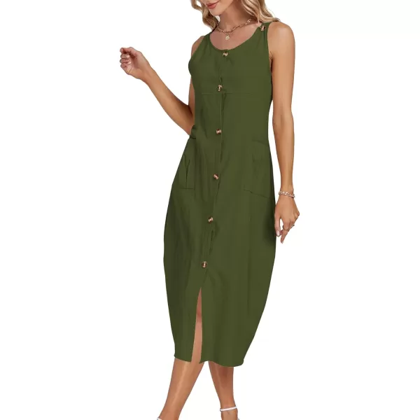 LYANER Women's Summer Casual Sleeveless Strap Buttons Down Midi Dress with Pockets