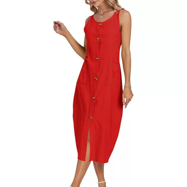 LYANER Women's Summer Casual Sleeveless Strap Buttons Down Midi Dress with Pockets