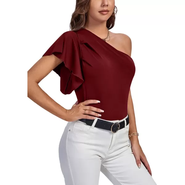 LYANER Women's Summer Elegant One Shoulder Ruched Ruffle Short Sleeve Blouse Top