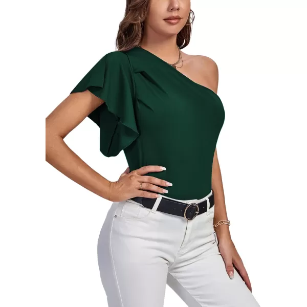 LYANER Women's Summer Elegant One Shoulder Ruched Ruffle Short Sleeve Blouse Top
