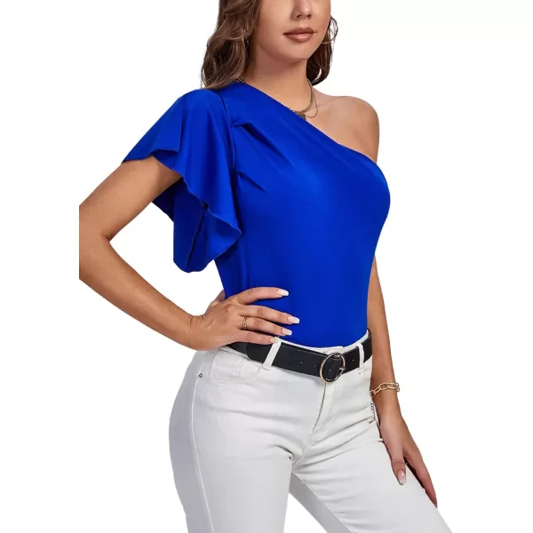 LYANER Women's Summer Elegant One Shoulder Ruched Ruffle Short Sleeve Blouse Top