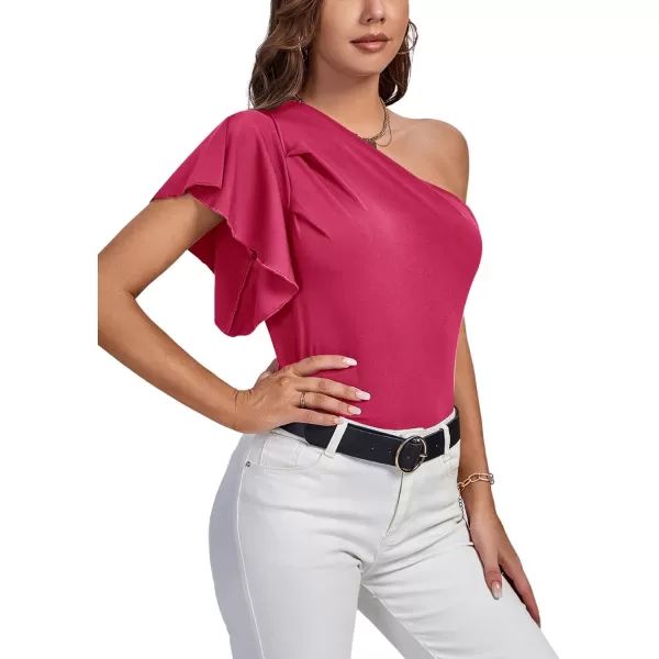 LYANER Women's Summer Elegant One Shoulder Ruched Ruffle Short Sleeve Blouse Top