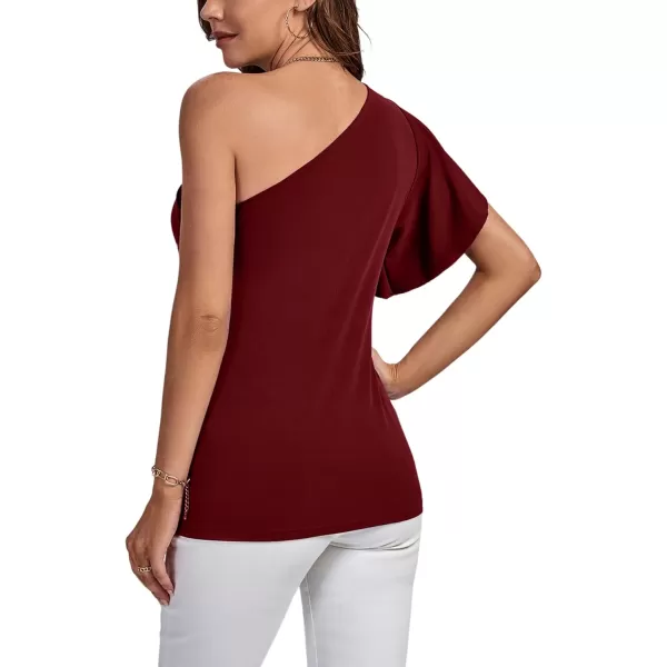 LYANER Women's Summer Elegant One Shoulder Ruched Ruffle Short Sleeve Blouse Top