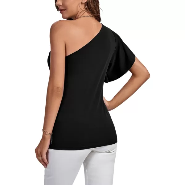 LYANER Women's Summer Elegant One Shoulder Ruched Ruffle Short Sleeve Blouse Top
