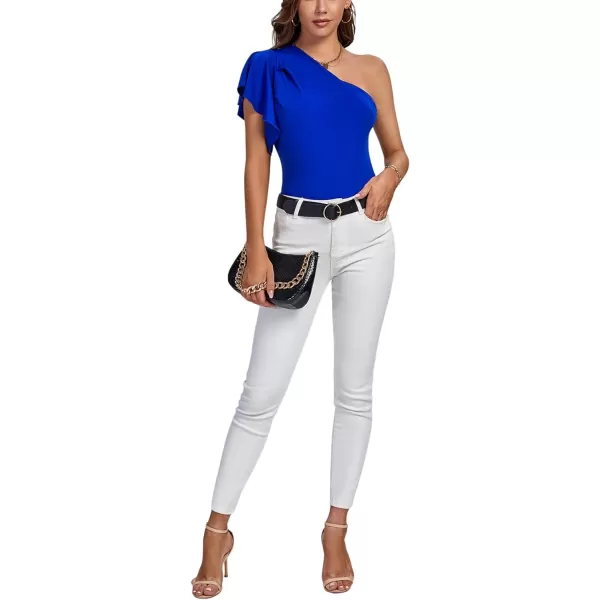 LYANER Women's Summer Elegant One Shoulder Ruched Ruffle Short Sleeve Blouse Top