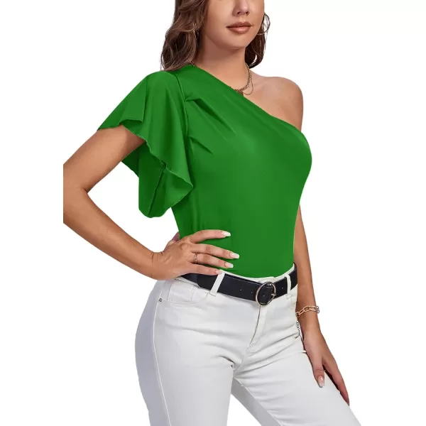 LYANER Women's Summer Elegant One Shoulder Ruched Ruffle Short Sleeve Blouse Top