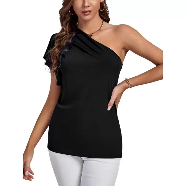 LYANER Women's Summer Elegant One Shoulder Ruched Ruffle Short Sleeve Blouse Top