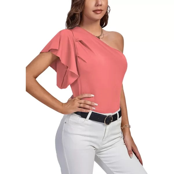 LYANER Women's Summer Elegant One Shoulder Ruched Ruffle Short Sleeve Blouse Top