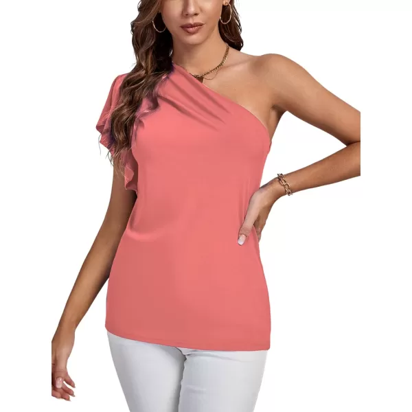 LYANER Women's Summer Elegant One Shoulder Ruched Ruffle Short Sleeve Blouse Top