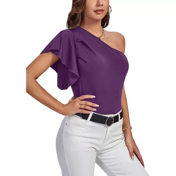 LYANER Women's Summer Elegant One Shoulder Ruched Ruffle Short Sleeve Blouse Top