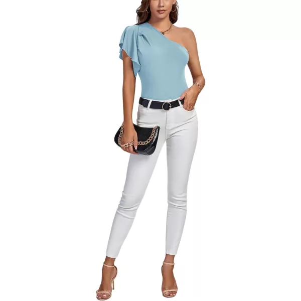 LYANER Women's Summer Elegant One Shoulder Ruched Ruffle Short Sleeve Blouse Top