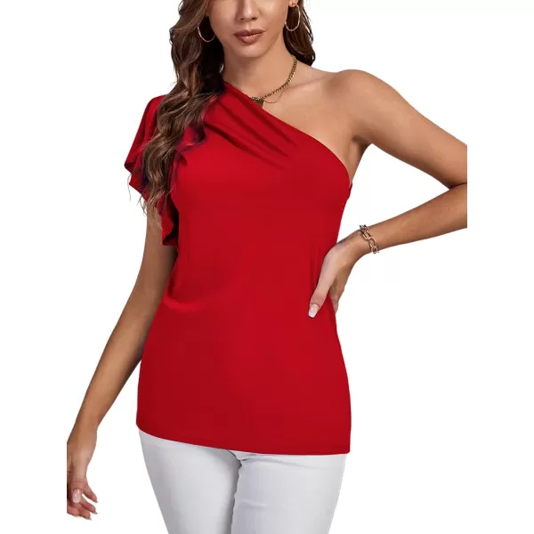 LYANER Women's Summer Elegant One Shoulder Ruched Ruffle Short Sleeve Blouse Top