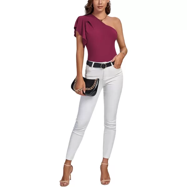 LYANER Women's Summer Elegant One Shoulder Ruched Ruffle Short Sleeve Blouse Top