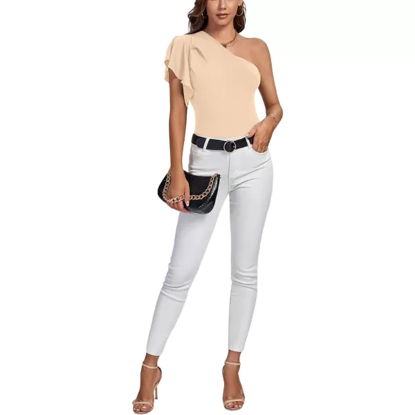 LYANER Women's Summer Elegant One Shoulder Ruched Ruffle Short Sleeve Blouse Top