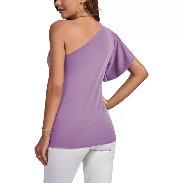LYANER Women's Summer Elegant One Shoulder Ruched Ruffle Short Sleeve Blouse Top