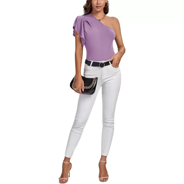 LYANER Women's Summer Elegant One Shoulder Ruched Ruffle Short Sleeve Blouse Top