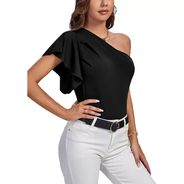 LYANER Women's Summer Elegant One Shoulder Ruched Ruffle Short Sleeve Blouse Top