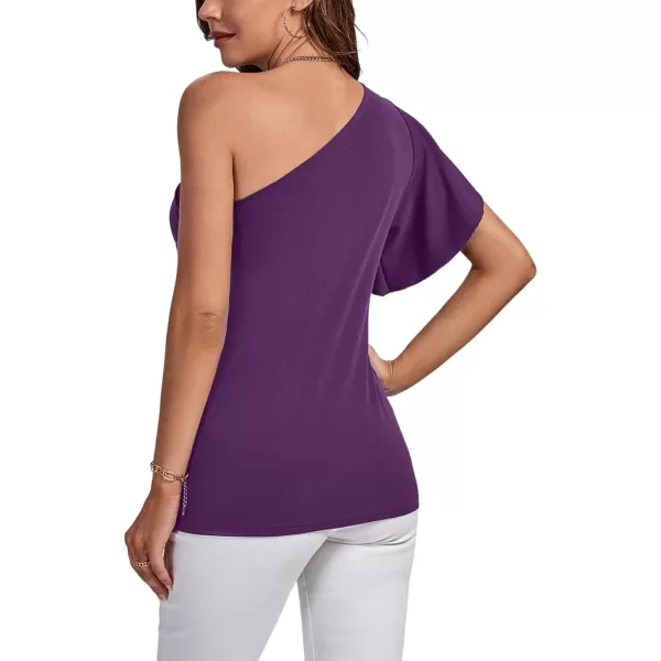 LYANER Women's Summer Elegant One Shoulder Ruched Ruffle Short Sleeve Blouse Top